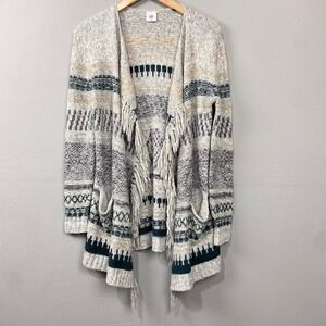 Cabi‎ Fringe Cardigan Sweater Sz XS Gray Fair Isle Drape Boho Aztec Western Cozy